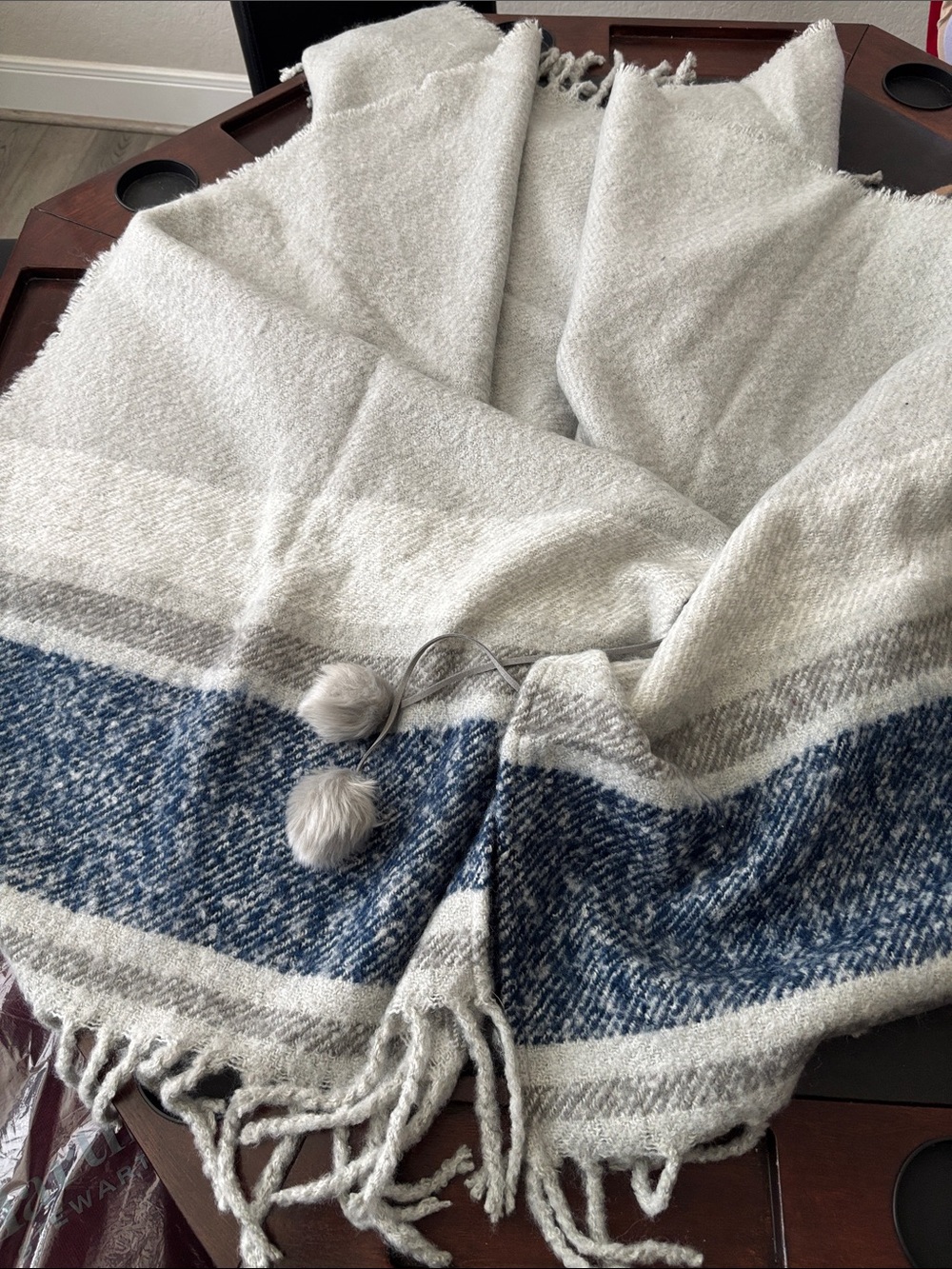 Cream and Blue Fringe Scarf Wrap with Pom Detail